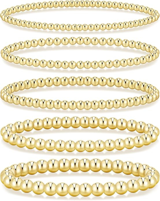 5 Pcs Beaded Bracelet Set for Women, 14K Gold Plated Stackable Stretch Bead Ball Bracelet Stack | Amazon (US)