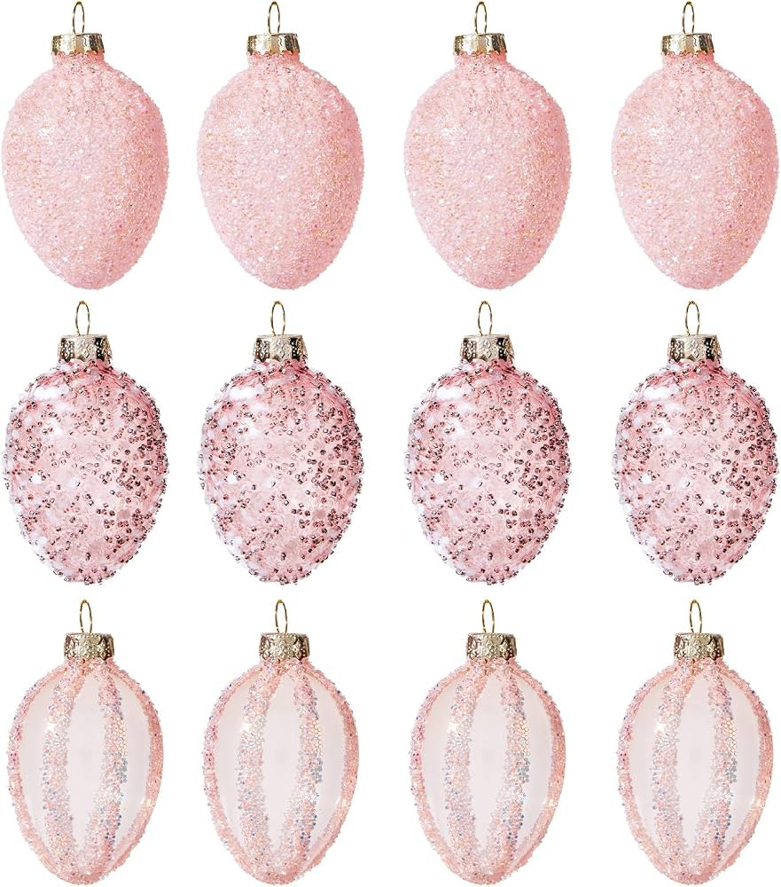 WDS WONDROUS 12-Piece Blown Glass Easter Egg Ornaments Set with Glitter & Sequins, Pink Gold Luxu... | Amazon (US)