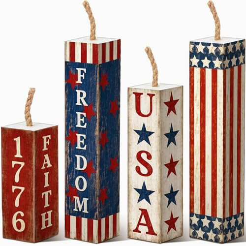 Wesiti 4 Pcs 4th of July Table Decorations, Rustic Wooden Firecrackers Patriotic Decor, 250th Anniversary Tiered Tray Signs, USA Red White & Blue Farmhouse Centerpiece for Memorial Day (Vintage) | Amazon (US)