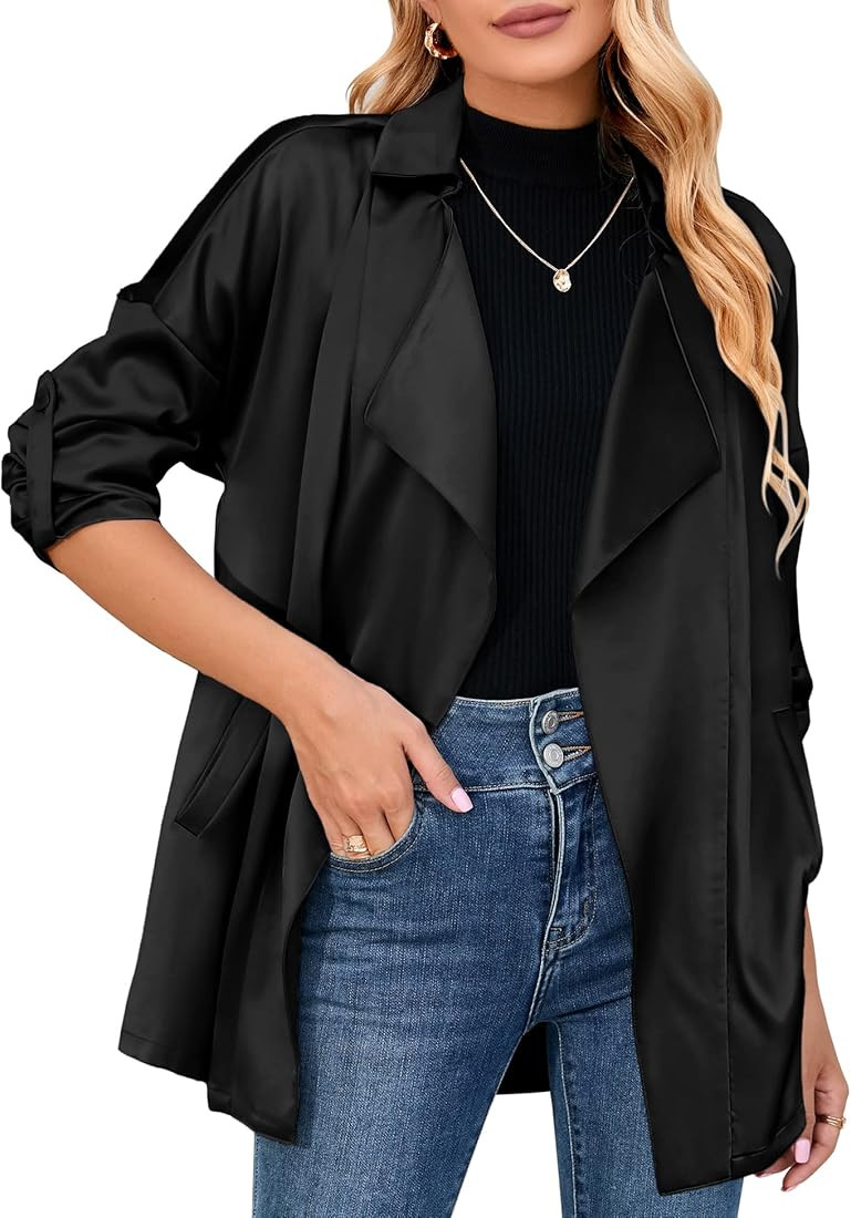Zeagoo Womens Oversized Blazer Jackets Satin Roll Sleeve Open Front Casual Work Cardigan Jacket w... | Amazon (US)