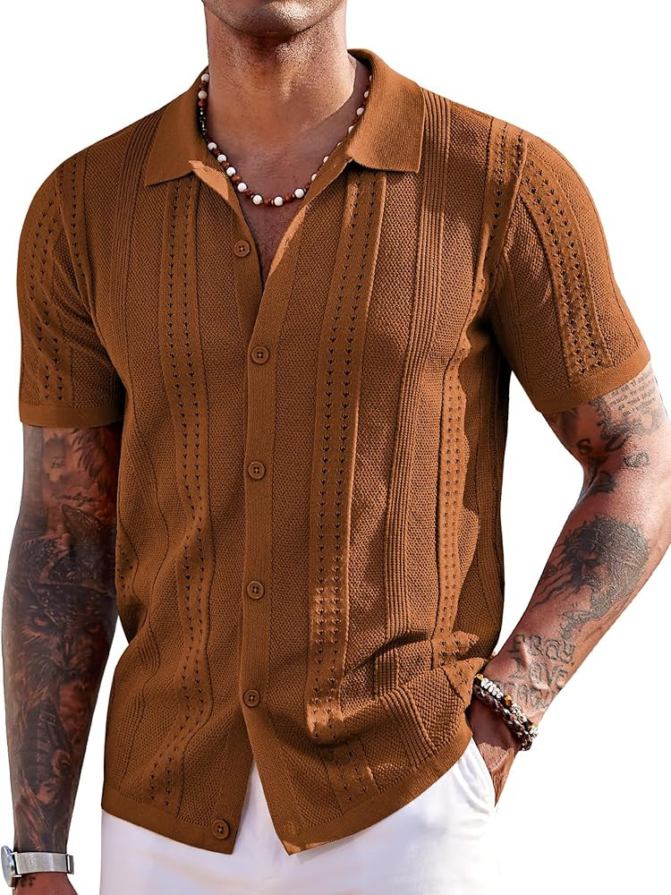 COOFANDY Men's Knit Shirts Short Sleeve Button Down Polo Shirt Fashion Casual Summer Beach Shirts | Amazon (US)