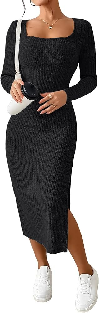 ETCYY NEW Womens Fall Dresses Square Neck Knitted Elastic Basic Winter Bodycon Versatile Slit Dre... | Amazon (US)