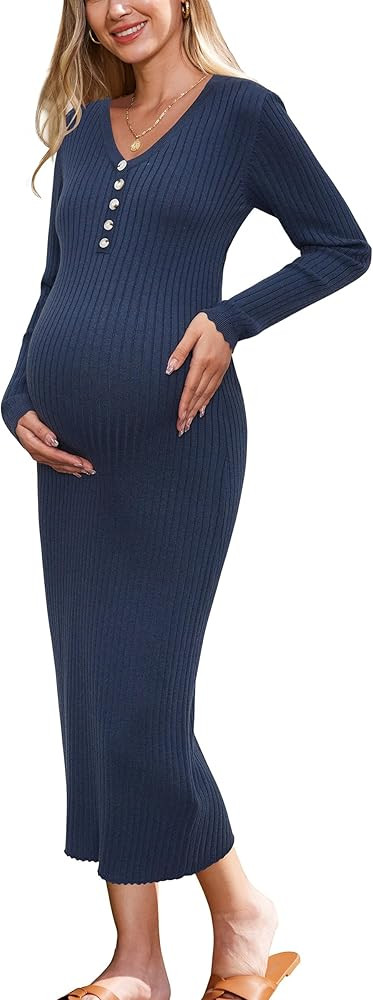 OUGES Women's Wool Blend 2024 Fall Maternity Sweater Dress V Neck Long Sleeve Slim Fit Ribbed Kni... | Amazon (US)