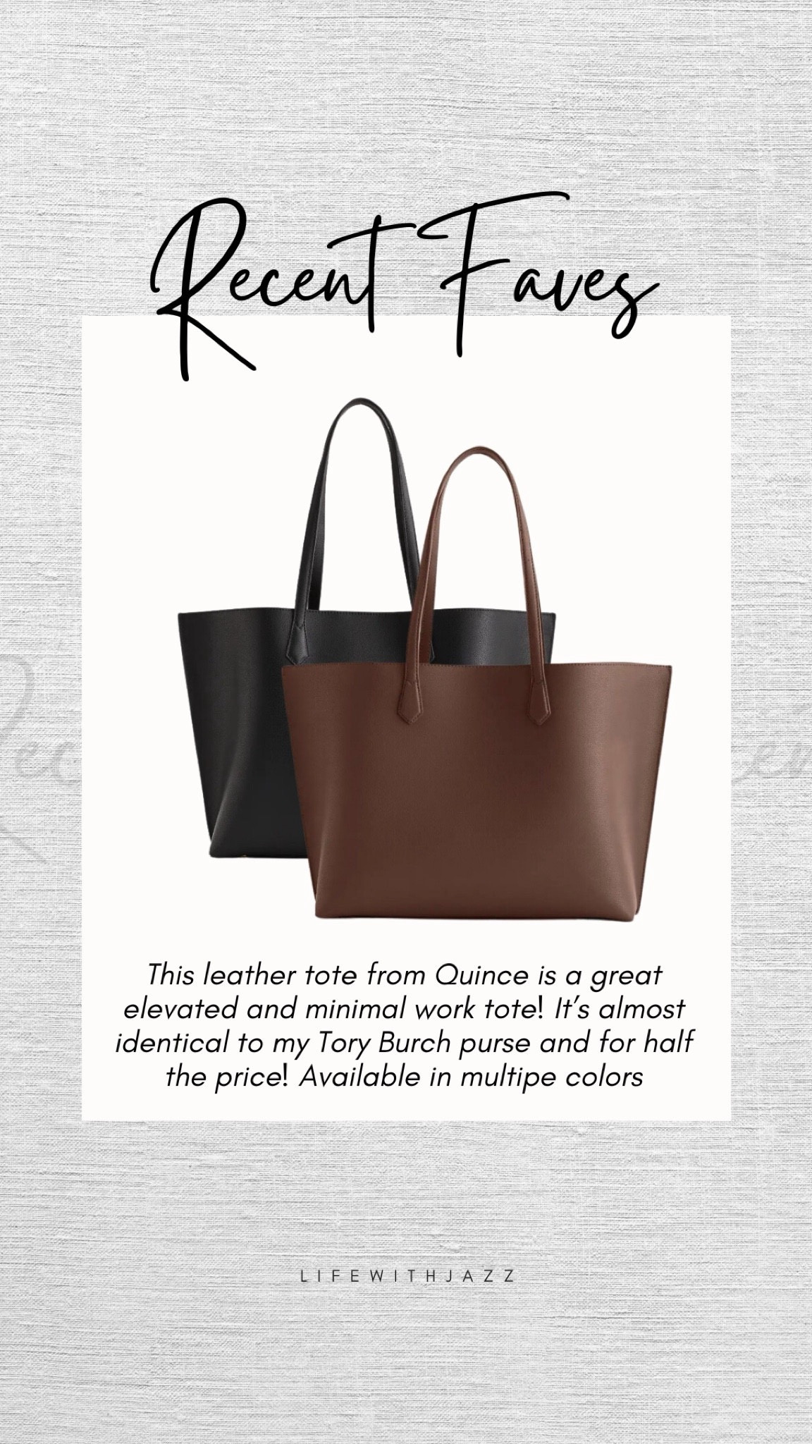 Recent faves: quince leather tote 

• elevated + minimal work tote for under $150 
• available in multiple colors 
• looks identical to my Tory Burch leather tote bag 

#LTKWorkwear