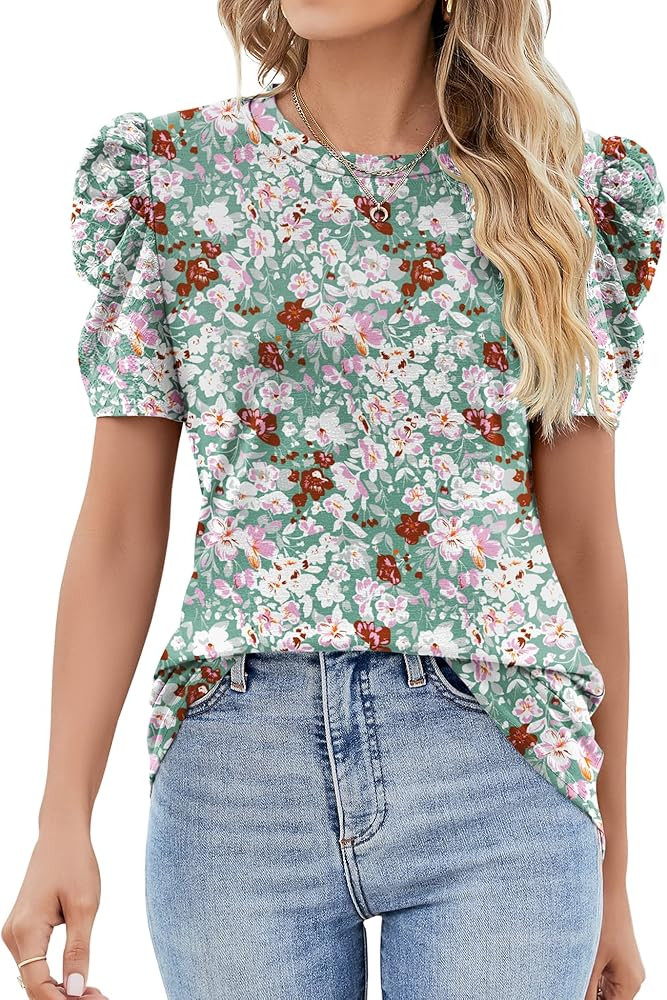 Ivicoer Puff Short Sleeve Shirt for Women Eyelet Tops Summer Crewneck Blouse Loose Fit S-XXL | Amazon (US)