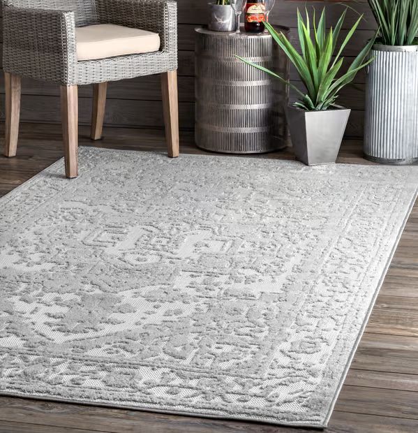 Gray Raised Floral Medallion Indoor/Outdoor Area Rug | Rugs USA