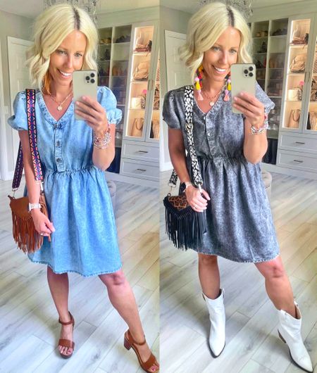 These denim dresses are soooo adorable!!!! Of course they are great for a country concert but they can just as easily be styled for a shower, graduation party, or any event you have this summer! They would also be bump friendly for you expecting mamas! Wearing size small in both but the blue one does run big! I would prefer an XS in the blue one but the black size small fits great! 
⬇️⬇️⬇️


#LTKFind #LTKstyletip #LTKunder50