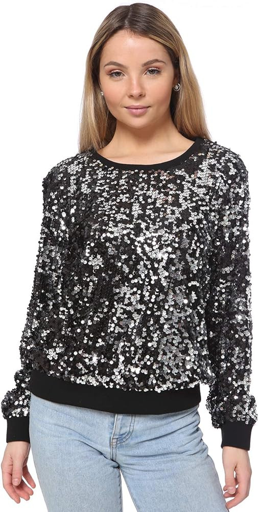 Anna-Kaci Women Juniors Sparkly Long Sleeve Sequin Pullover Sweatshirt Top, | Amazon (US)