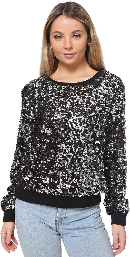 Anna-Kaci Women Juniors Sparkly Hoodies Long Sleeve Sequin Pullover Sweatshirt Top | Amazon (US)