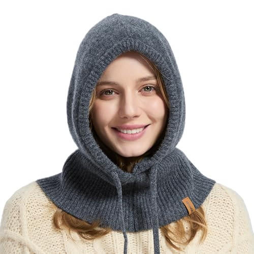 ACUSHLA 100% Merino Wool Balaclava for Women & Men Winter Warm Knit Hooded Scarf Hoodie Hat and Scarf Set in One, Dark Grey | Amazon (US)