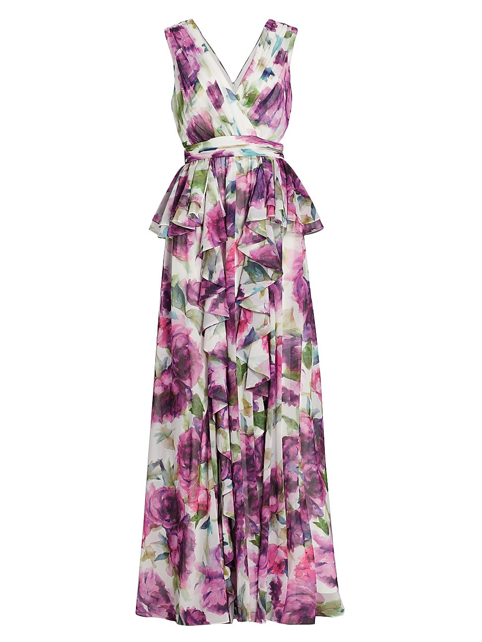 Women's Floral Peplum V-Neck Gown - White Multi - Size 10 | Saks Fifth Avenue