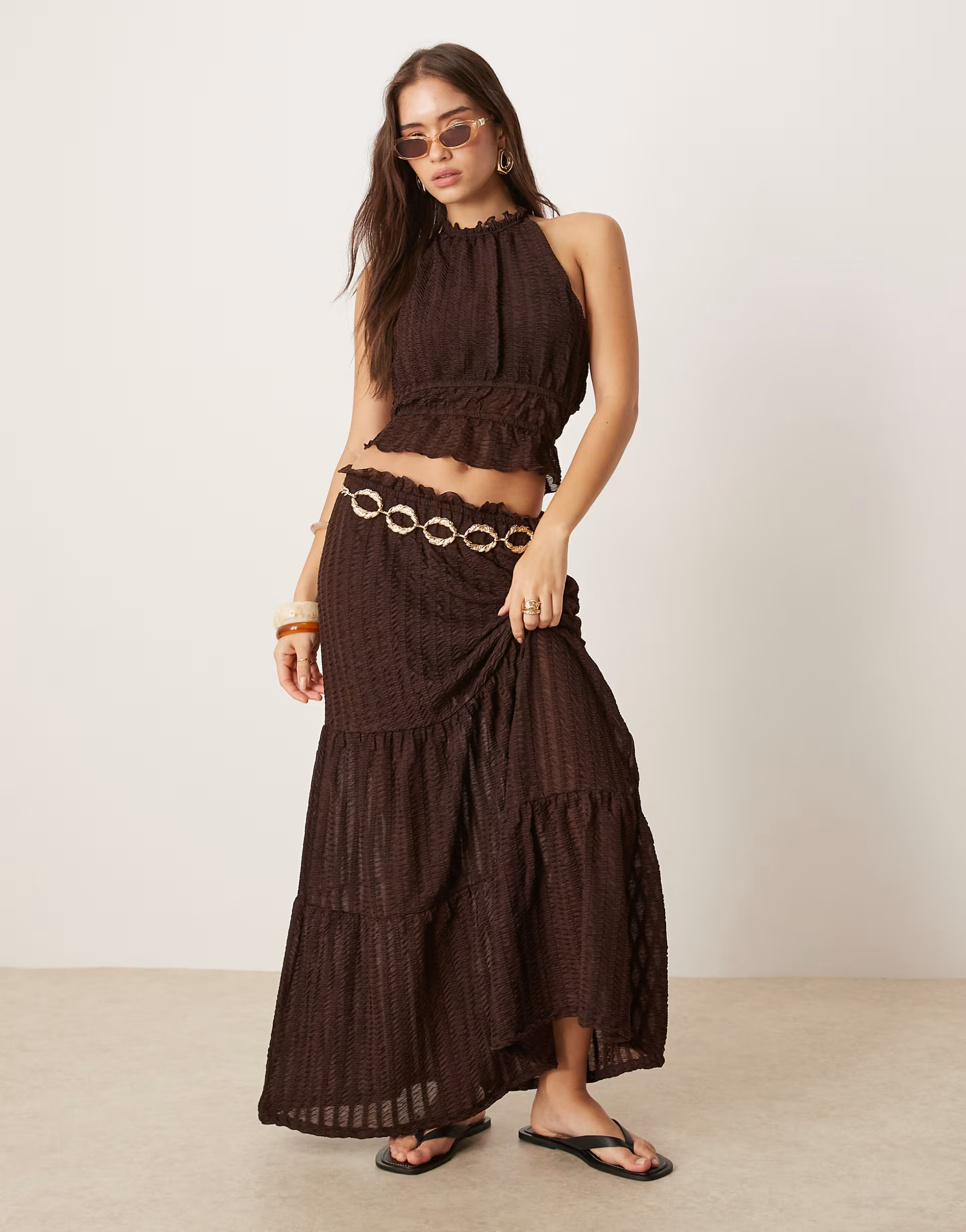 ASOS DESIGN co-ord textured tiered maxi skirt in brown | ASOS | ASOS (Global)