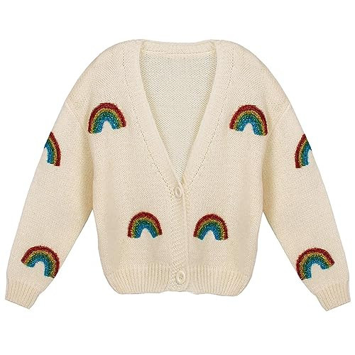 HOULENGS Women's Kawaii Rainbow Print Button Long Sleeve Cardigan Sweater V Neck Cropped Knit Sweater Outerwear Rainbow One Size | Amazon (US)
