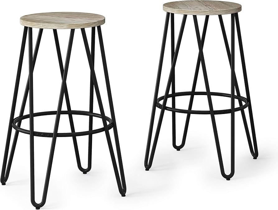 SIMPLIHOME Simeon 26 inch Counter Height Stool, Natural and Black Metal and Elm Wood, Round, Set ... | Amazon (US)