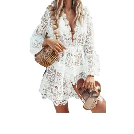 Women Lace Crochet Summer Beach Bikini Cover Up Long Swimwear Dress Bathing Suit | Walmart (US)