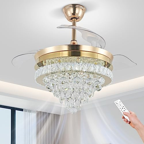 Finktonglan 42” Crystal Gold Ceiling Fan with Light, Modern Fandelier Ceiling Fans with Lights Remote Control LED Retractable Chandelier Ceiling Fan Flush Mount for Dining Room Living Room Bedroom | Amazon (US)