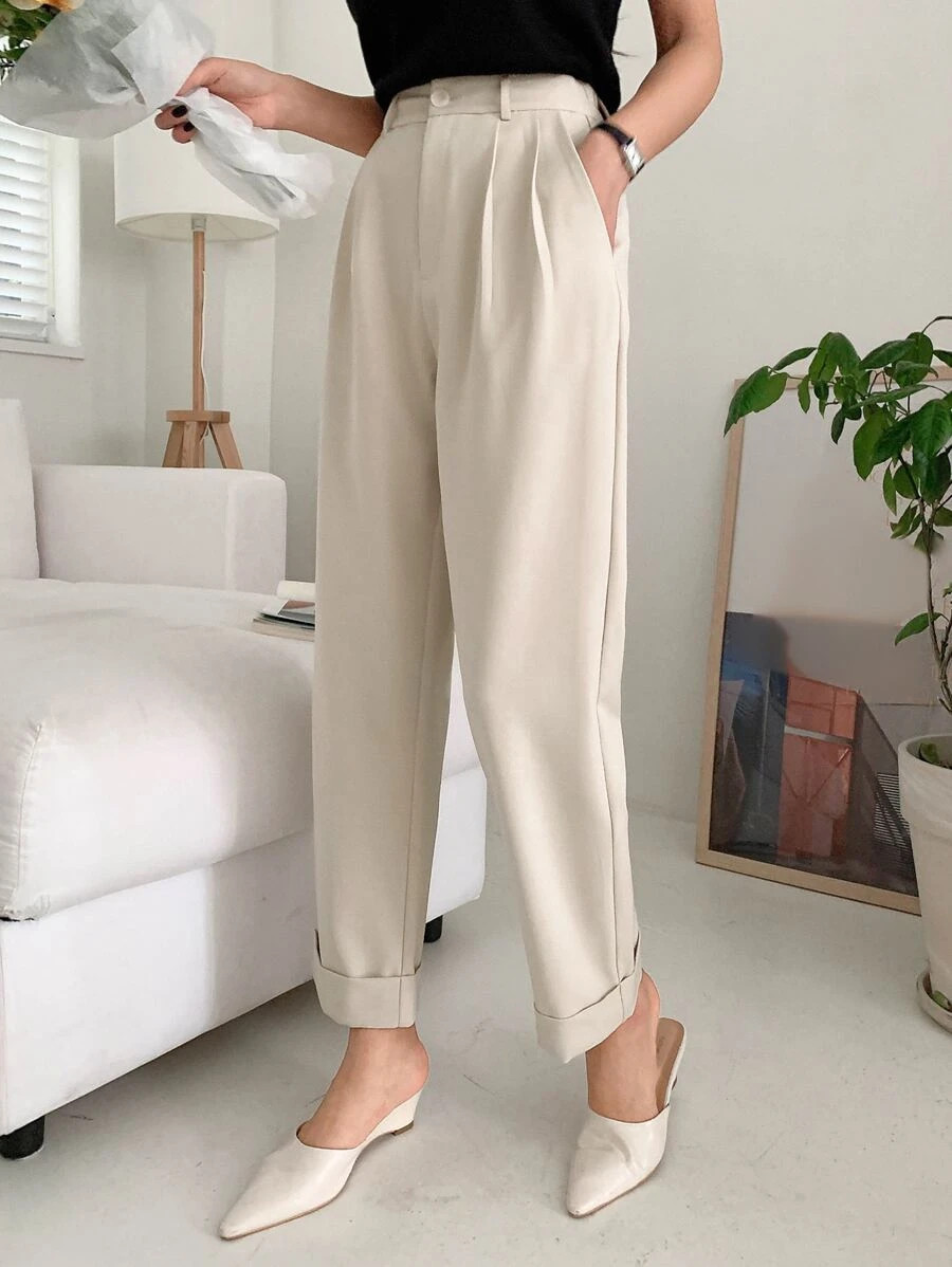 DAZY High Waist Plicated Detail Roll Hem Pants | SHEIN
