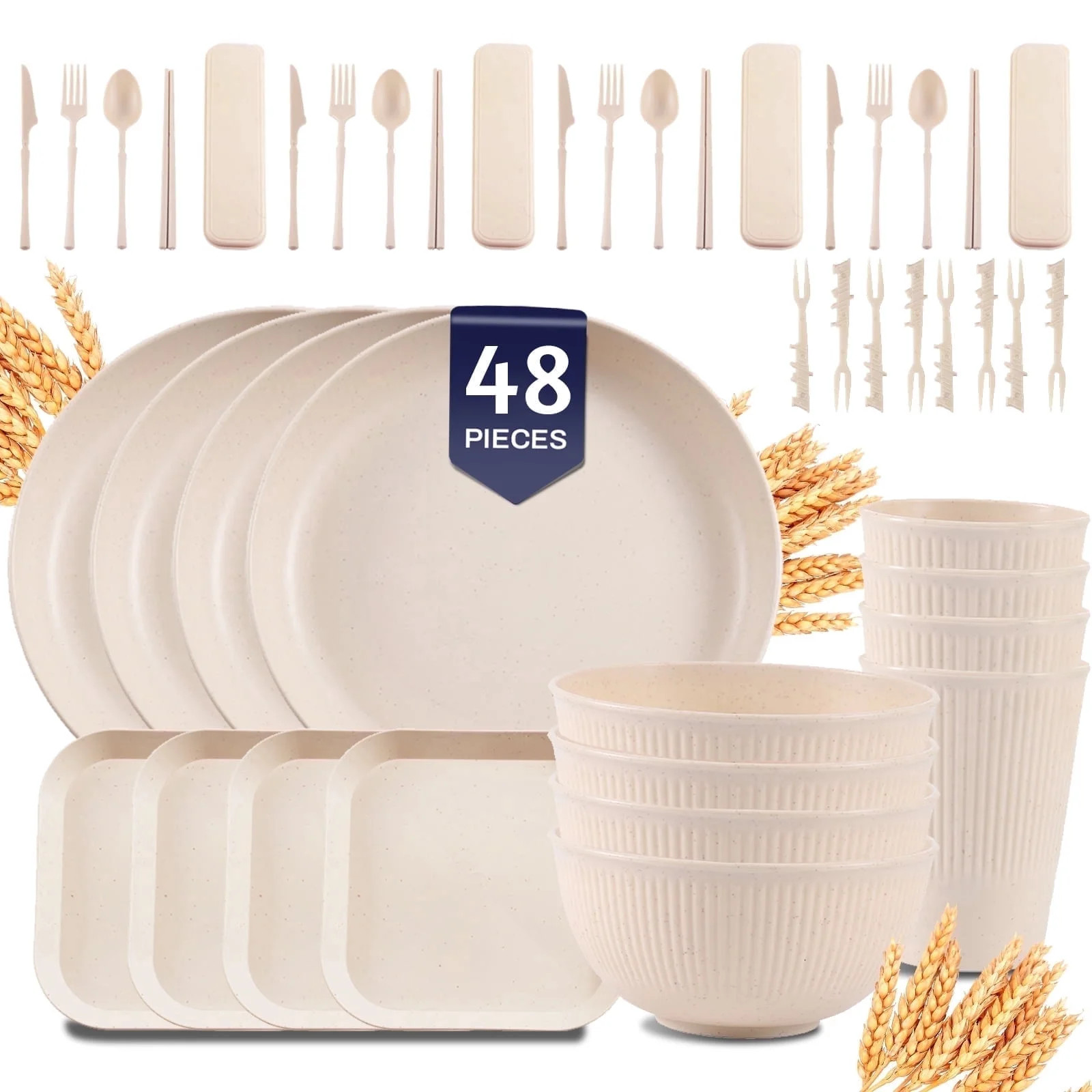 Soulgenix Wheat Straw Dinnerware Sets, 48 Pcs Unbreakable Dinnerware Sets for 4, Microwave Dishwasher Safe, Beige | Walmart (US)