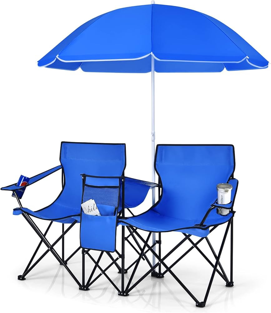 COSTWAY Double Portable Picnic Chairs, Folding Camping Chairs w/Detachable Umbrella, Cooler Bag, ... | Amazon (US)