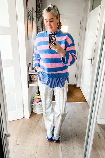 Ootd - Tuesday. Pink and blue knit sweater over a blue and white striped shirt paired with silver trousers and Nike Air Max (old). 



#LTKover40 #LTKstyletip #LTKmidsize