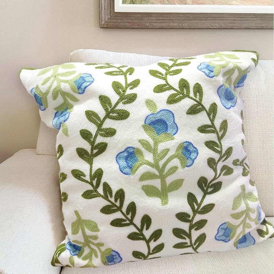 Alysheer Flower Embroidered Farmhouse Decorative Throw Pillow Cover 18"x 18", Cottage Floral Gree... | Amazon (US)