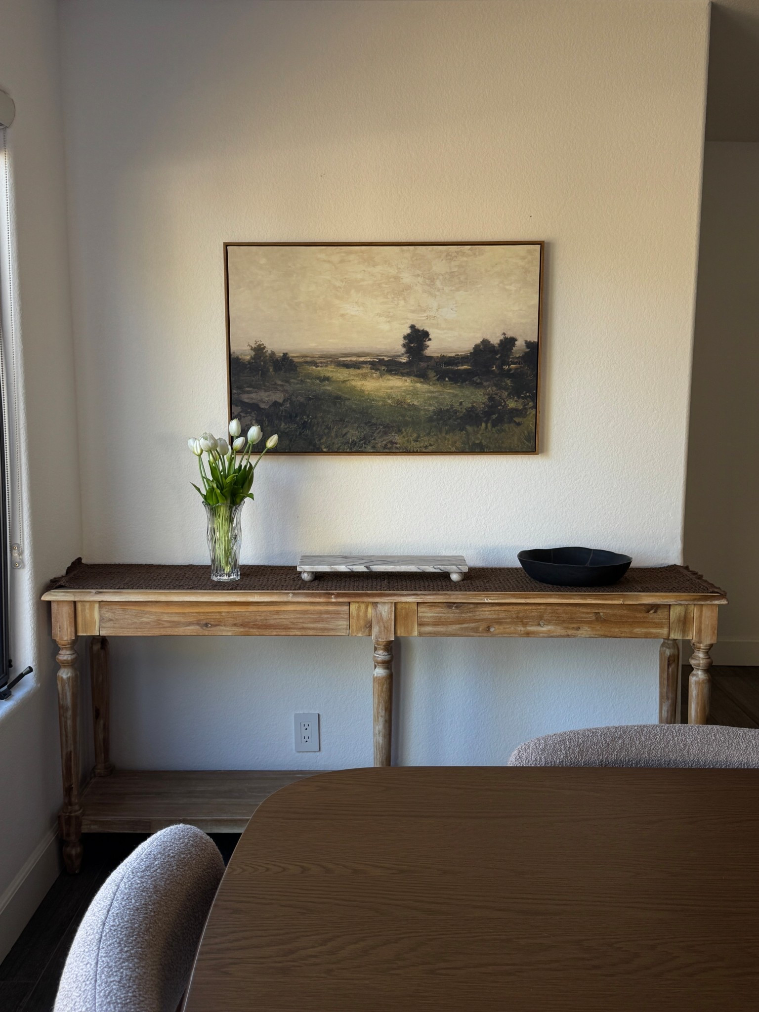 Dining room decor, Everett long wood foyer table world market, console table, painting, tulips, faux flowers, clear vase, marble target tray. 

#LTKSpringSale #LTKSeasonal #LTKSaleAlert