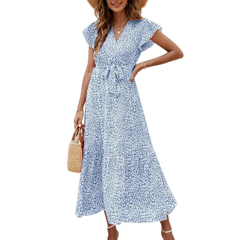 Fantaslook Floral Summer Womens Dress V Neck Ruffle Sleeve A-Line Bohemian Maxi Dress with Belted | Walmart (US)