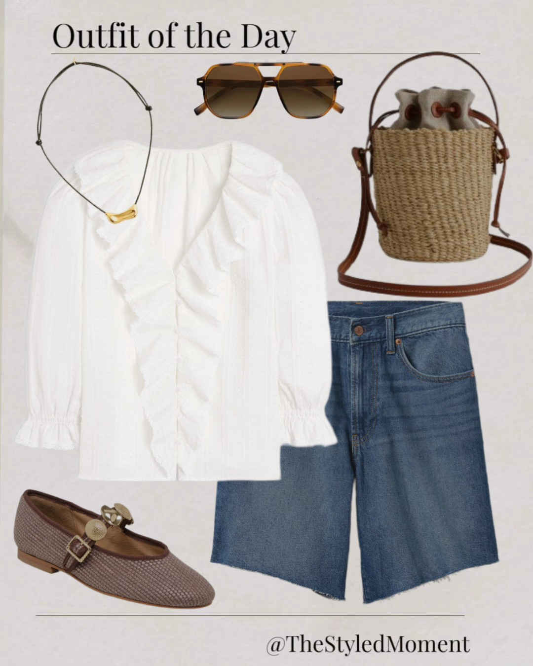 Chic summer outfit, white ruffle blouse, denim Bermuda shorts, raffia bucket bag, raffia ballet flats

#LTKOver40 #LTKStyleTip #LTKTravel