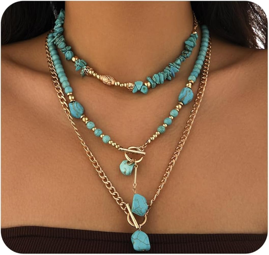 GIGB PBDK Boho Western Necklaces for Women,Turquoise Beaded Layered Necklaces Vintage Cow Cactus ... | Amazon (US)