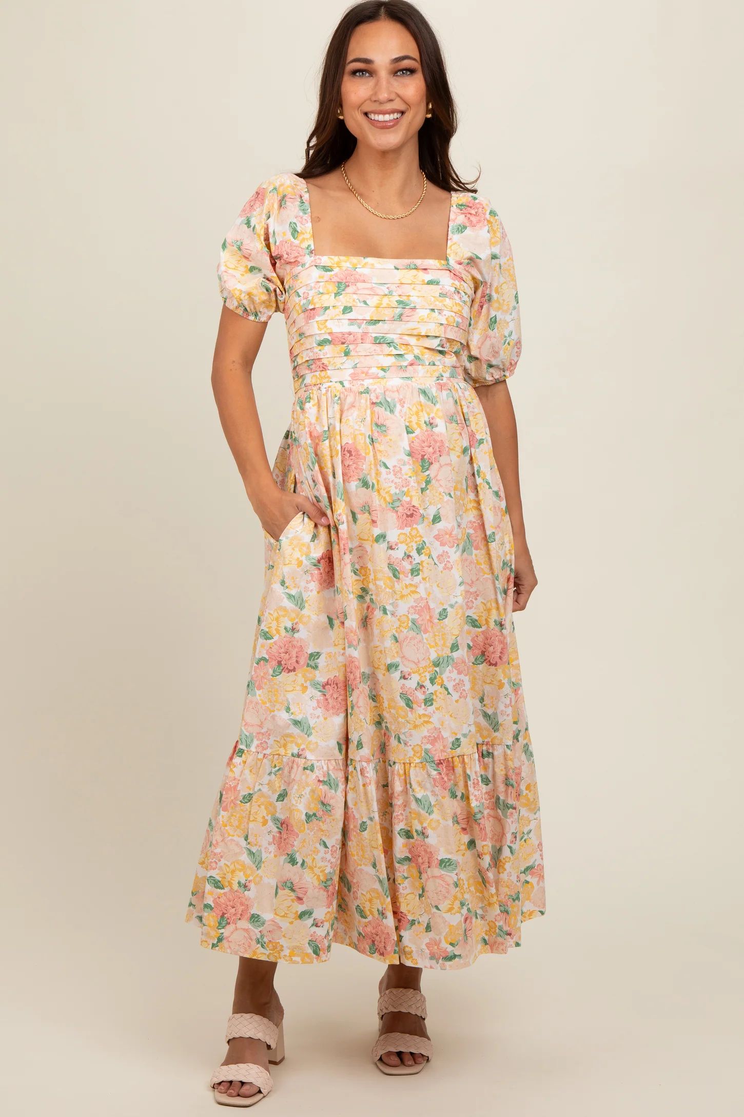 Ivory Floral Pleated Puff Sleeve Maternity Midi Dress | PinkBlush Maternity