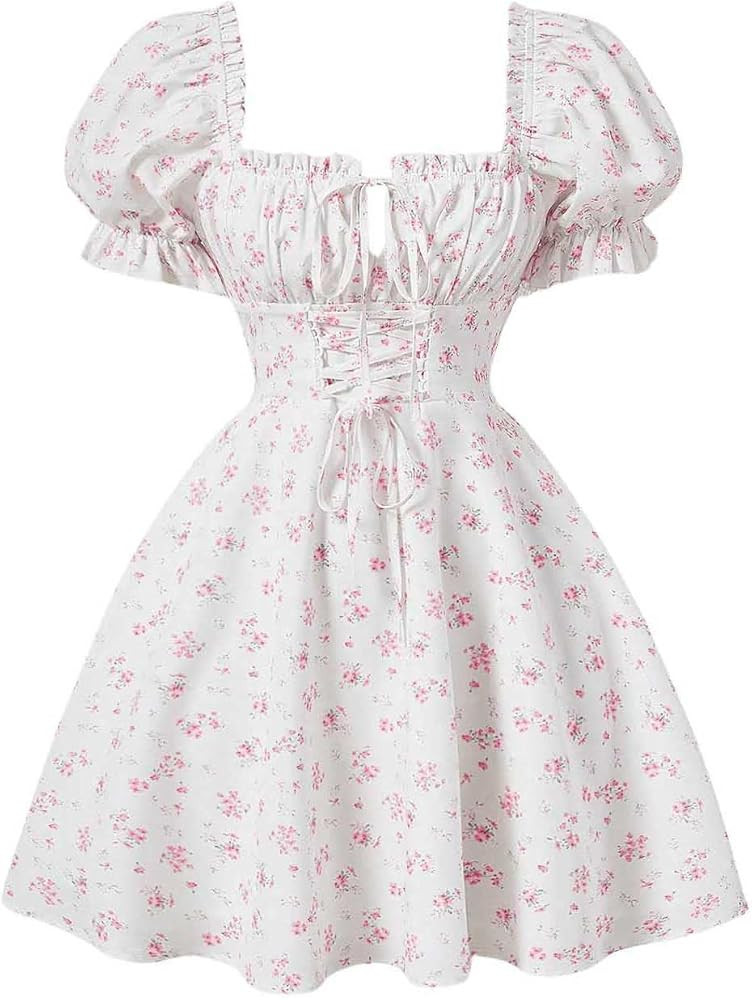Milumia Women's Ditsy Floral Puff Short Sleeve Flare Dress Ruched Tie Front A Line Mini Dresses | Amazon (US)