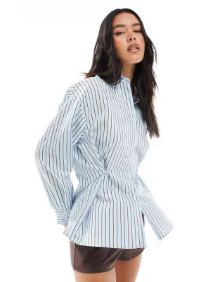 ASOS DESIGN cinched button detail shirt in blue and brown stripe | ASOS (Global)