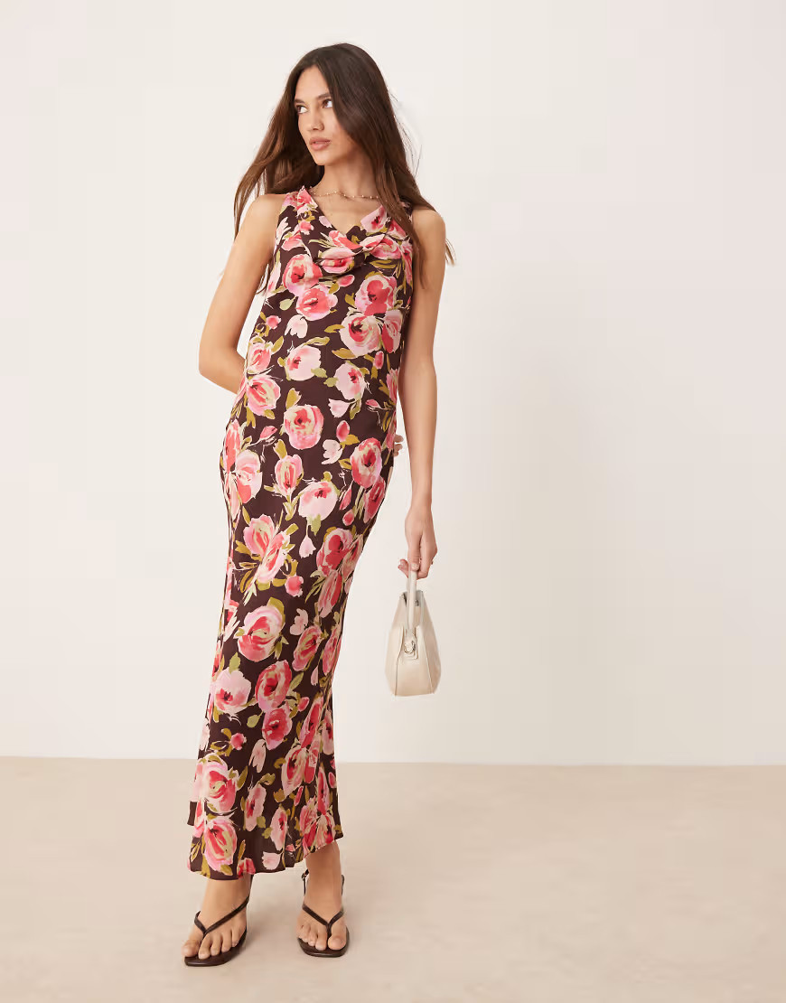 Mango floral print cowl neck midaxi dress in brown | ASOS (Global)