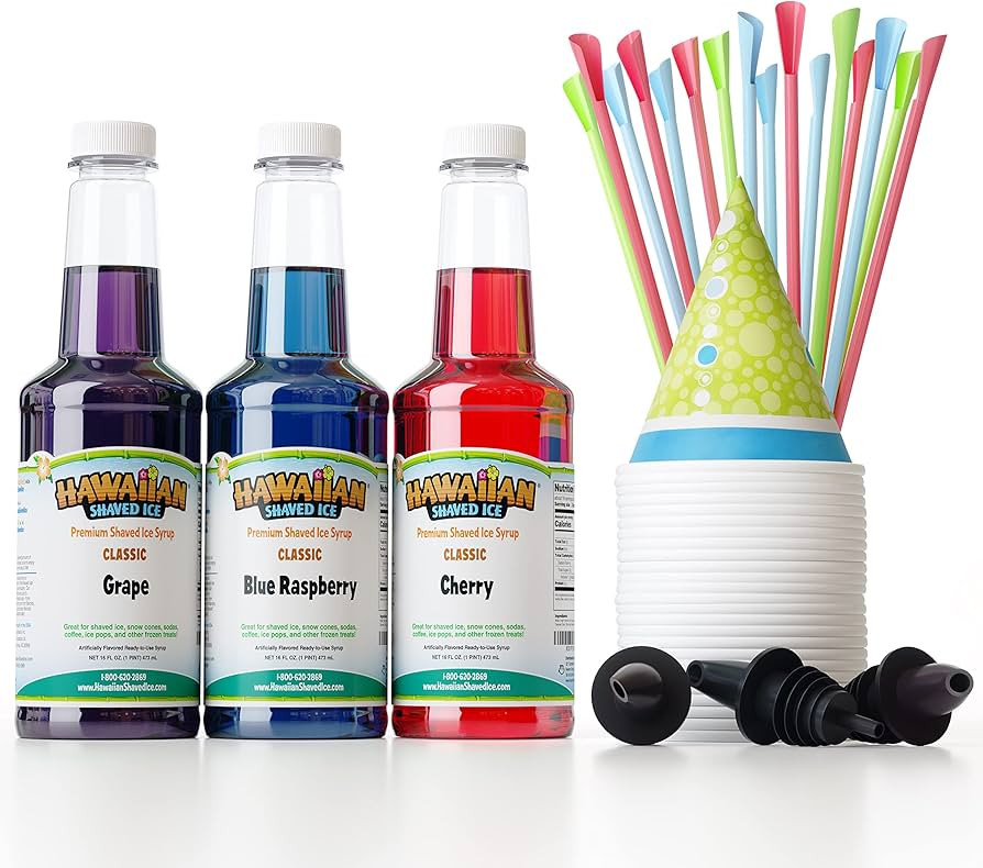 Hawaiian Shaved Ice Syrup Assortment with 3 - 16oz Bottles, 25 Snow Cone Cups, 25 Spoon Straws, a... | Amazon (US)