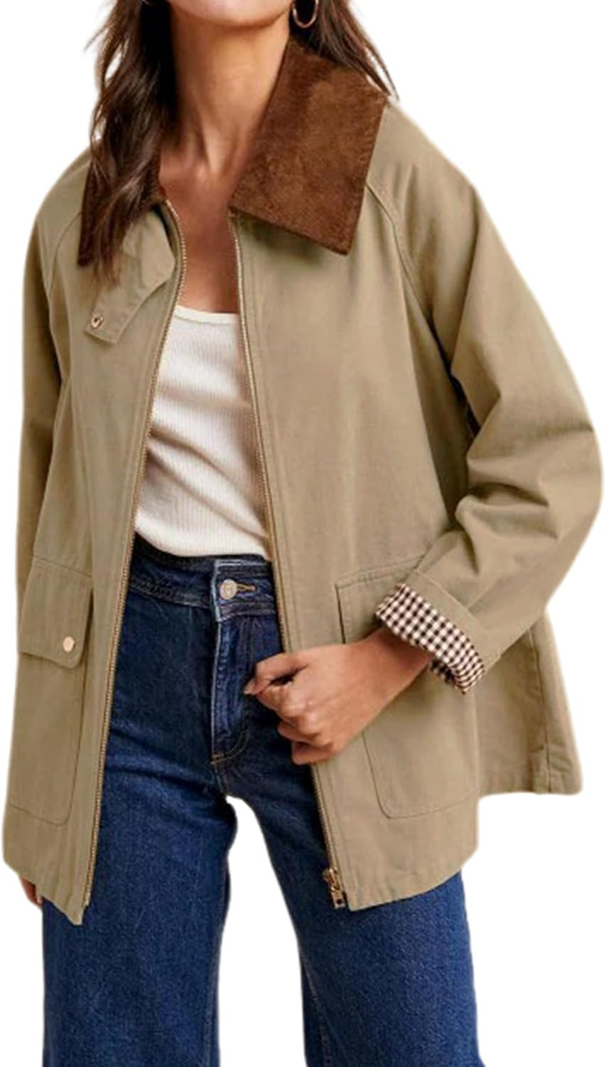 Women's Barn Jackets Fall Color Block Corduroy Collar Utility Coat Outerwear with Pockets | Amazon (US)