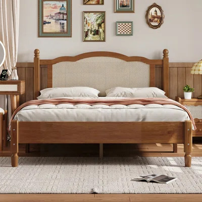 Queen Size Wooden Platform Bed with Natural Rattan Headboard, Vintage Style and Sturdy Wooden Slat Support | Wayfair North America