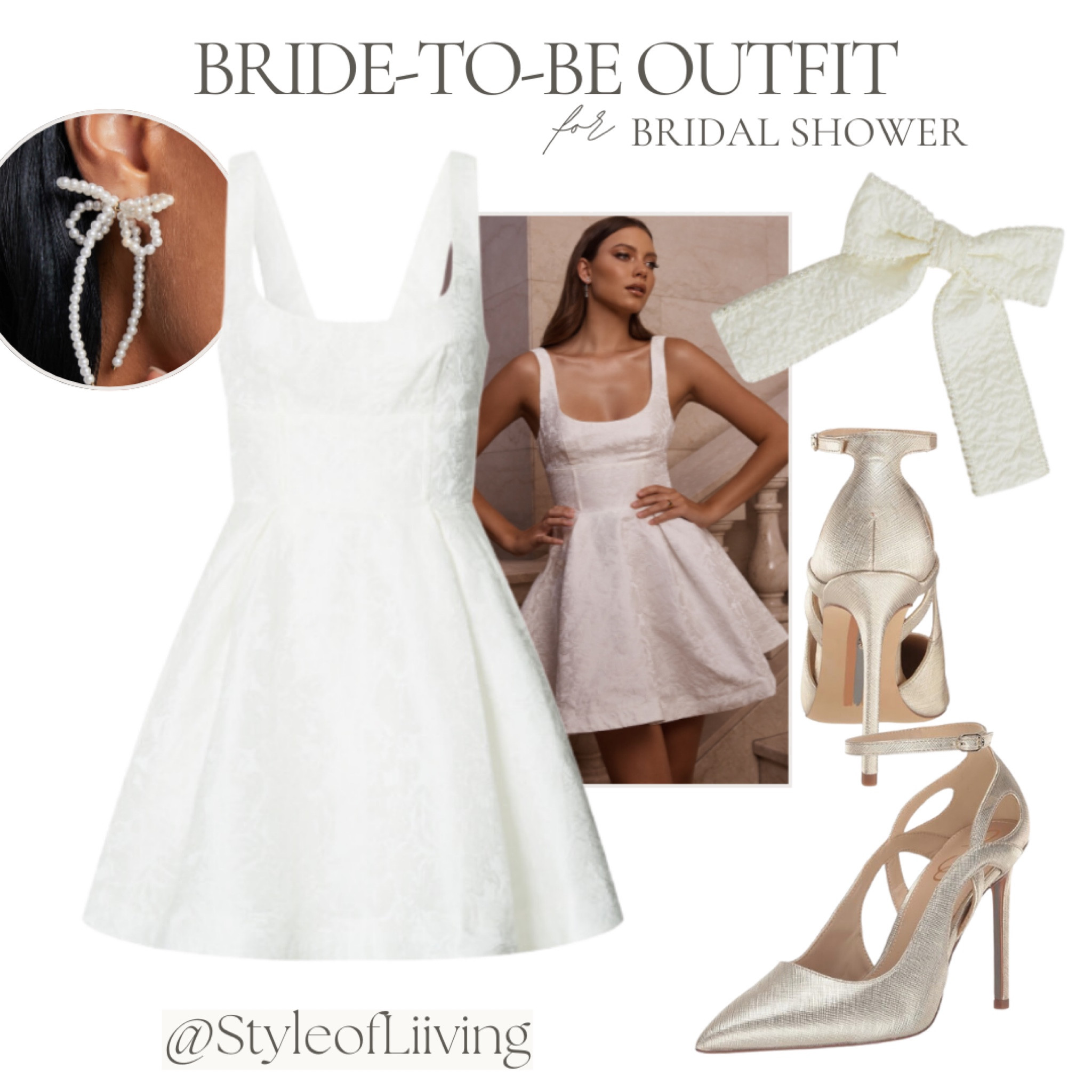 Bride to be outfit inspiration for bridal shower! Mini white dress, bow pearl earrings, large bow for hair, pointy toe heels.

#LTKStyleTip #LTKWedding #LTKShoeCrush