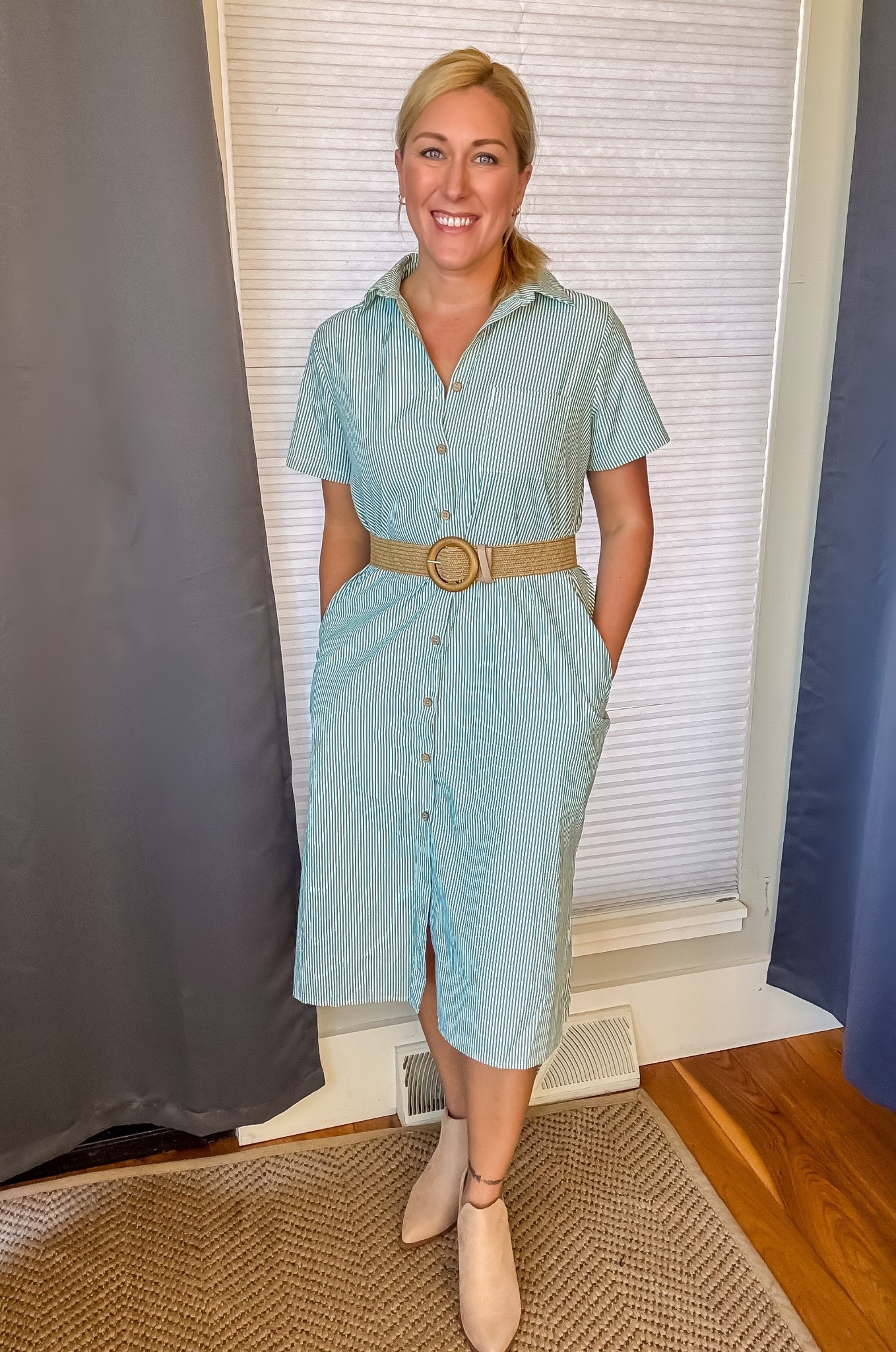 Everything about this striped button down shirt dress screams Spring! I added a stretchy belt for definition at the waist. Such a clean, classic look! 