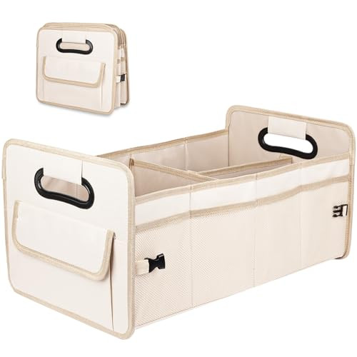 JiatuA Car Trunk Organizer, Car Organizers and Storage Collapsible Multi Compartment Container Box, Adjustable Car Accessories for SUV Sedan Truck, Large Size, Beige | Amazon (US)