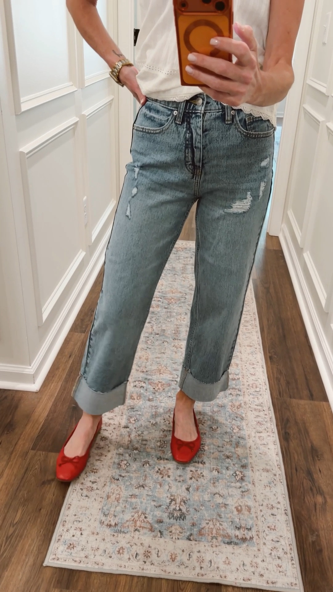 Refresh your denim collection with the free assembly high-rise straight cuff cropped jeans made from 99% cotton and 1% spandex for a comfortable stretch. They come in this light wash and also in white. I am wearing the size 0.  