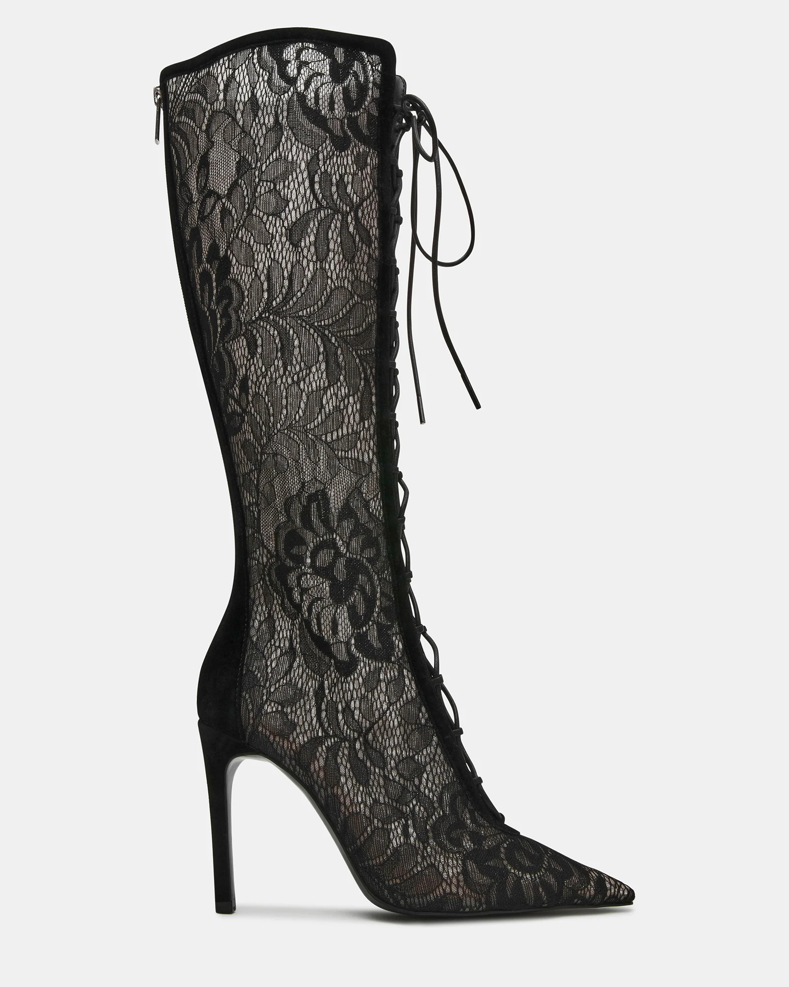 MAXINE Black Lace Pointed-Toe Knee-High Lace-Up Stiletto Women's Boot | Steve Madden (US)
