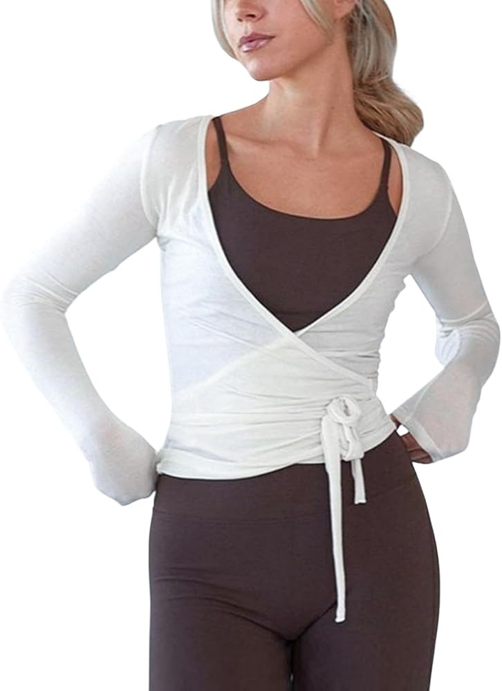 Womens Pilates Wrap Tie Top Y2k Slim Fit Long Sleeve Ballet Workout Top Yoga Cover Up Shirt Casua... | Amazon (US)