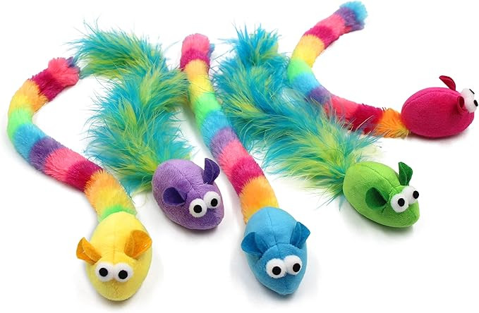 5 Pack Interactive Catnip and Feather Cat Toys, Multi-Colored Mice with Long Feather Tail, Access... | Amazon (US)