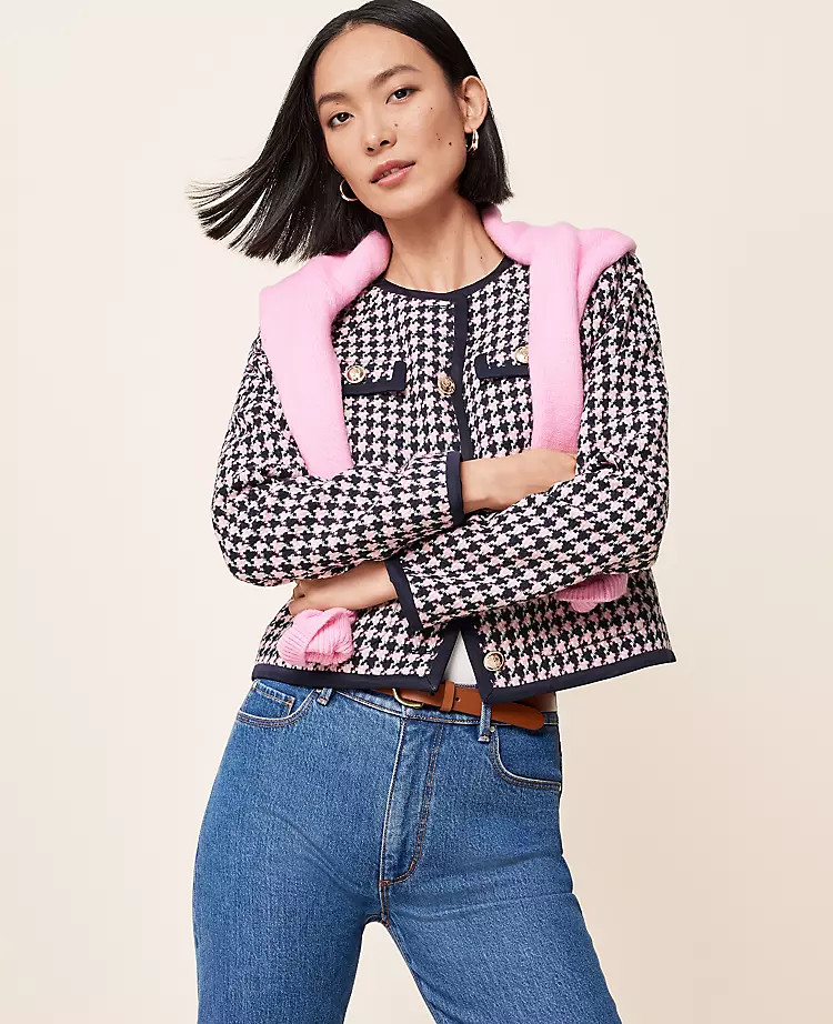 Houndstooth Framed Crew Neck Jacket | Ann Taylor (US)