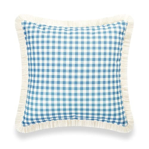Hofdeco Premium Coastal Hampton Style Patio Indoor Outdoor Pillow Cover Only, 20"x20" Water Resistant for Backyard, Couch, Baby Blue Gingham Fringe | Amazon (US)