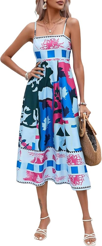 Women Floral Printed Y2k Halter Maxi Dress Boho Spaghetti Strap Backless Sundress Summer Flowy Sl... | Amazon (US)