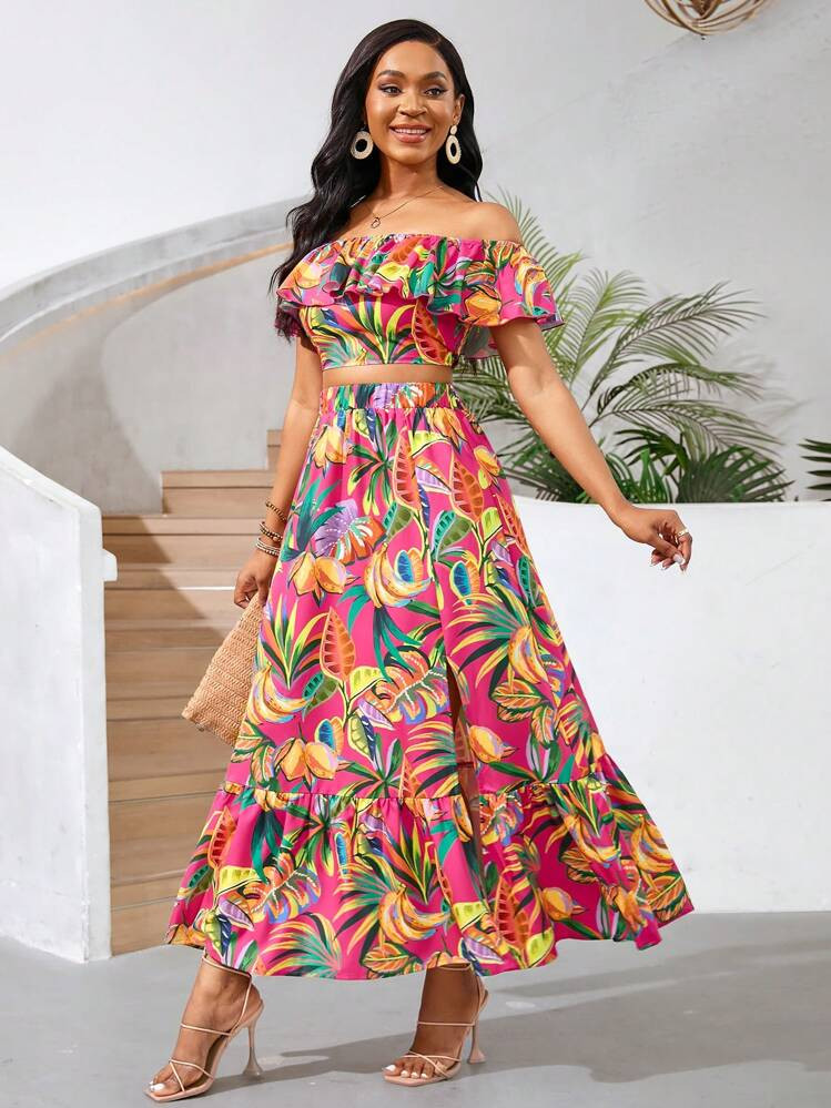 SHEIN Lady Women's Two Pieces Tropical Plant Print Festival Outfits, Summer Top With Skirt Set, Summer Set | SHEIN