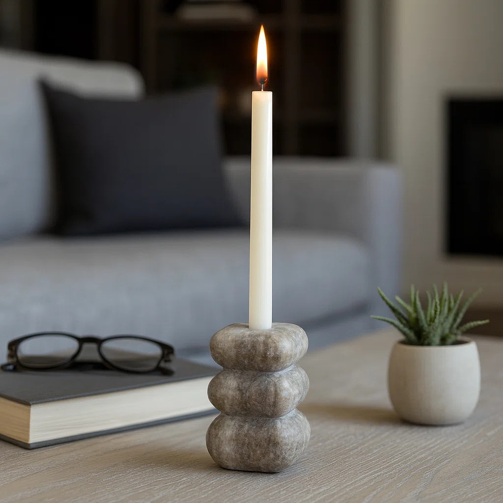 Ebern Designs Modern Marble Taper Candle Holder for Tabletop Decor - Decorative Stacked Stone Can... | Wayfair North America