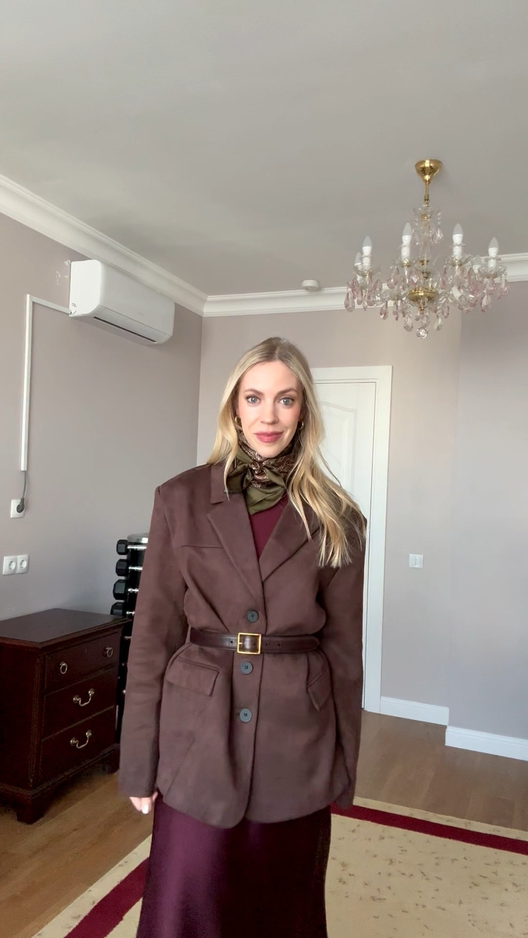 Workwear outfit, faux suede blazer, silk scarf, burgundy and chocolaty brown outfit, office style, burgundy boots

#LTKOver40 #LTKWorkwear #LTKootd