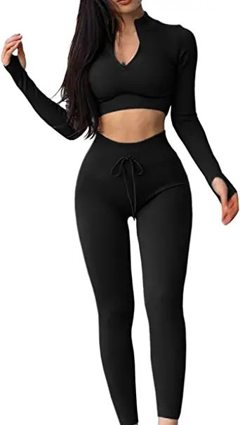 QINSEN Workout Sets for Women 2 Piece Seamless Long Sleeve Crop Tops Ribbed High Waist Leggings | Amazon (US)